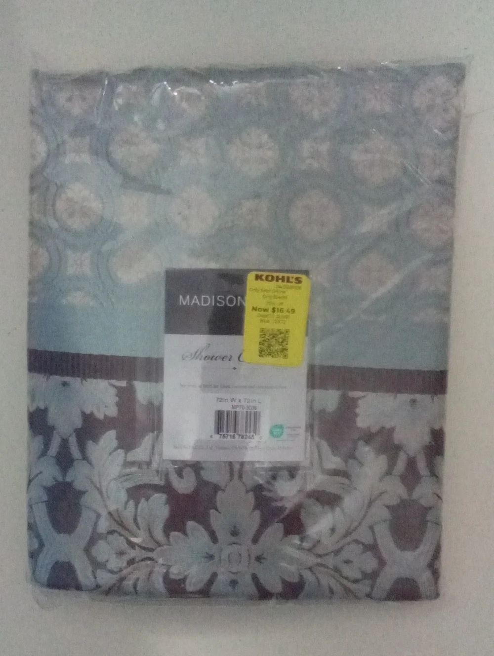 Madison Park Aqua and Brown Damask Shower Curtain NWT $54.99